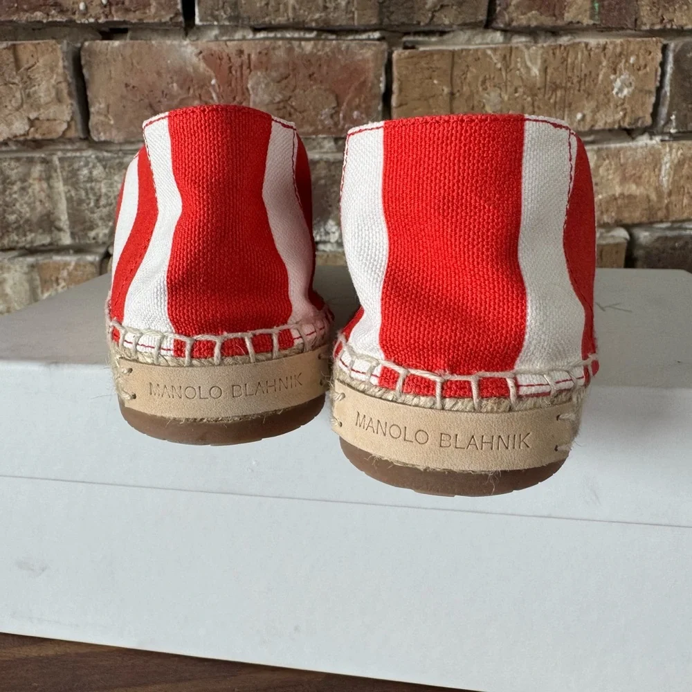Manolo Blahnik Red and White Striped Espadrilles 38 (US 8)